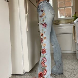 free people driftwood embroidered flare jeans